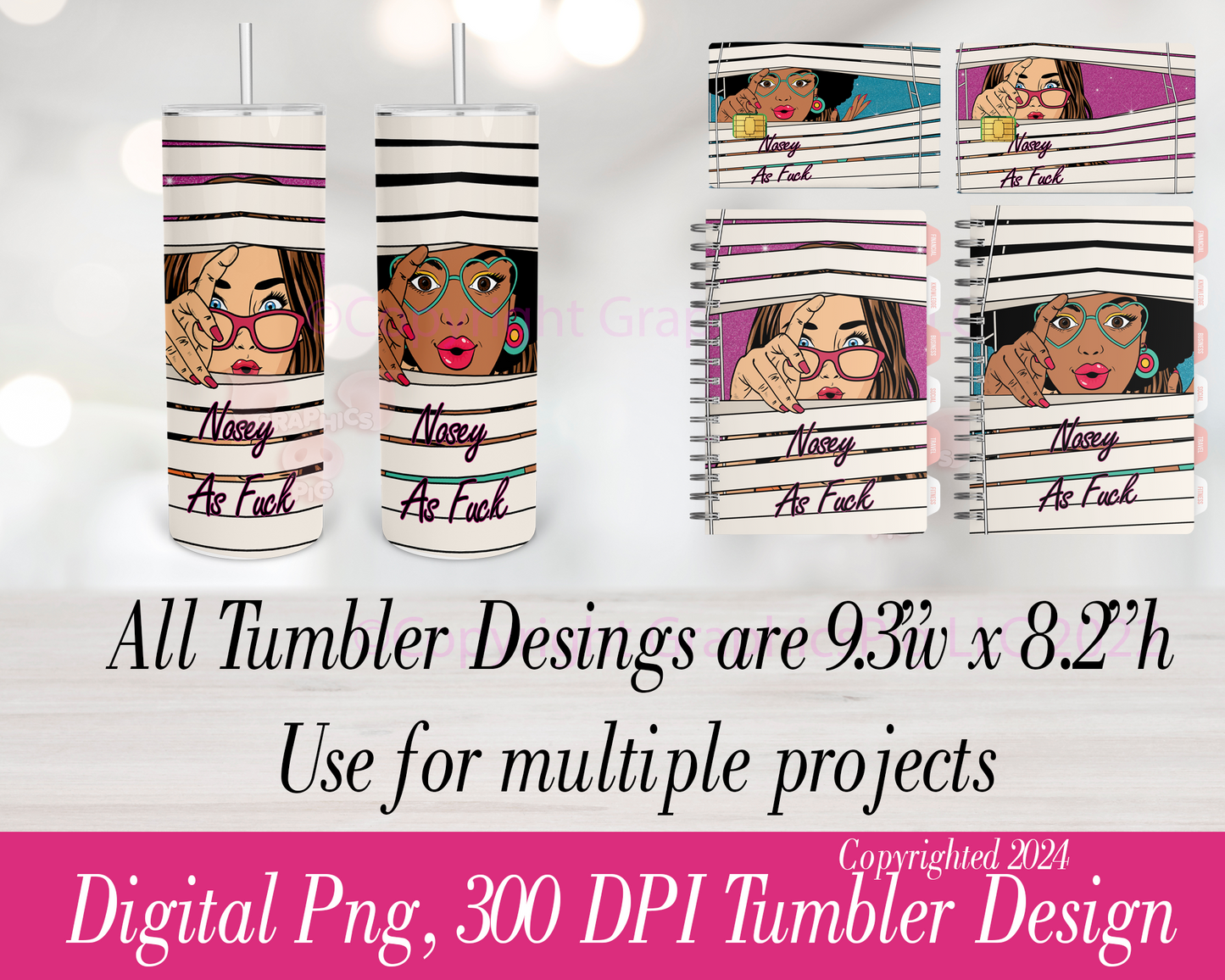 Nosey As Fuck Tumbler PNG Set | 2 Sassy Designs | Digital Download | 20oz Skinny Tumbler Wrap | Planner Cover PNG | Funny Adult Gift | 300 DPI Sublimation