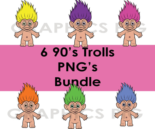 90s Troll PNG Bundle – 6 Cute Retro Troll Clipart Files, Rainbow Hair Troll Graphics for Sublimation, Stickers, Crafts, & Printables