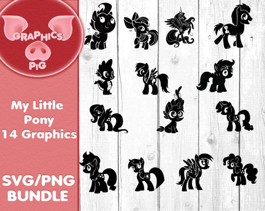 My Little Pony SVG PNG Bundle | 14 Cute Pony Silhouette Clipart | Instant Download | Cricut, Silhouette, Scrapbook, Shirt, Party Decor | Digital Graphics Set