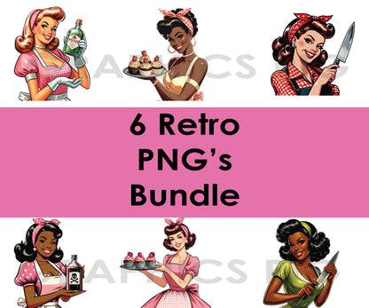 Retro Housewives PNG Bundle – 6 Sassy Vintage Clipart Designs, Funny Kitchen Sublimation Graphics, Dark Humor Digital Download Pack