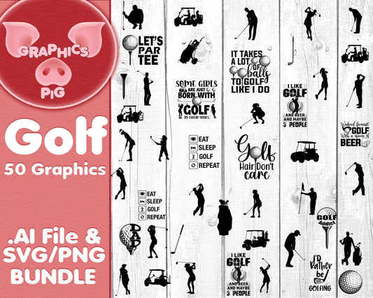Golf svg Bundle | 50 Golf Graphics | Golf png Clipart, Golf Quotes, Silhouettes, Digital Cut Files | .ai, svg png Files | Golf Shirt Design